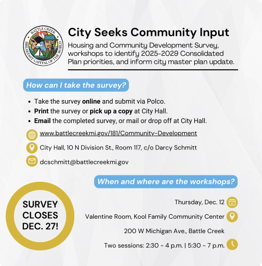 A flyer titled "City Seeks Community Input" invites residents to participate in a Housing and Community Development Survey for 2025-2029 planning. It provides options to take the survey online, print it, or pick up a copy at City Hall. Workshops are scheduled on Thursday, Dec. 12, at the Kool Family Community Center in Battle Creek, with two sessions available: 2:30–4 p.m. and 5:30–7 p.m. The survey closes on Dec. 27. Contact details and the survey website are also included.